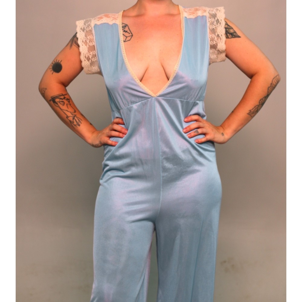 Vintage Sky Blue Nylon Tricot Pajama Romper SizeS